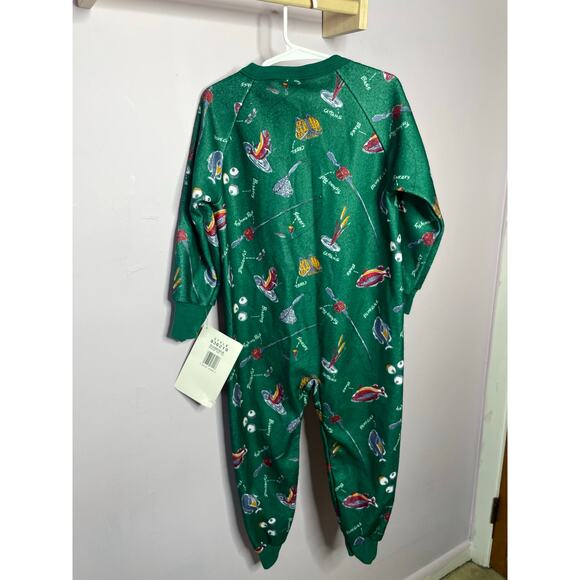 NEW 90s Vintage Dr Denton Toddler Size 5 Green Fishing Full Zip Pajamas Fish - Picture 5 of 5